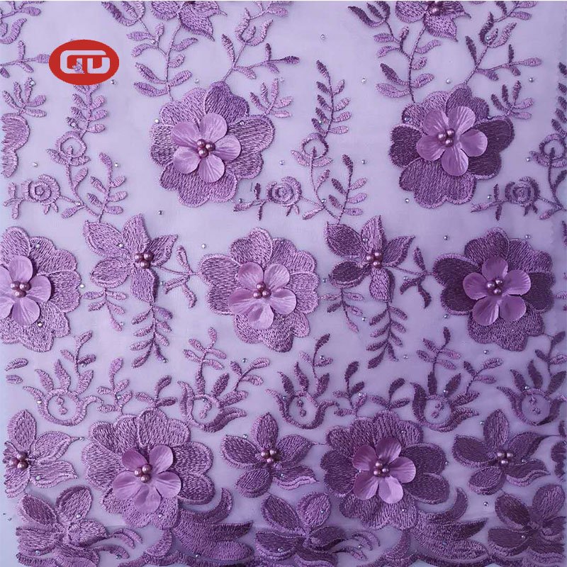 Fancy violet Tulle Lace Embroidery Fabric with lulu for Women wedding dress