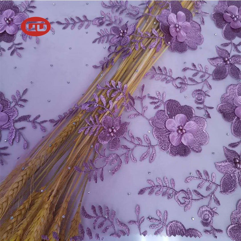 Fancy violet Tulle Lace Embroidery Fabric with lulu for Women wedding dress