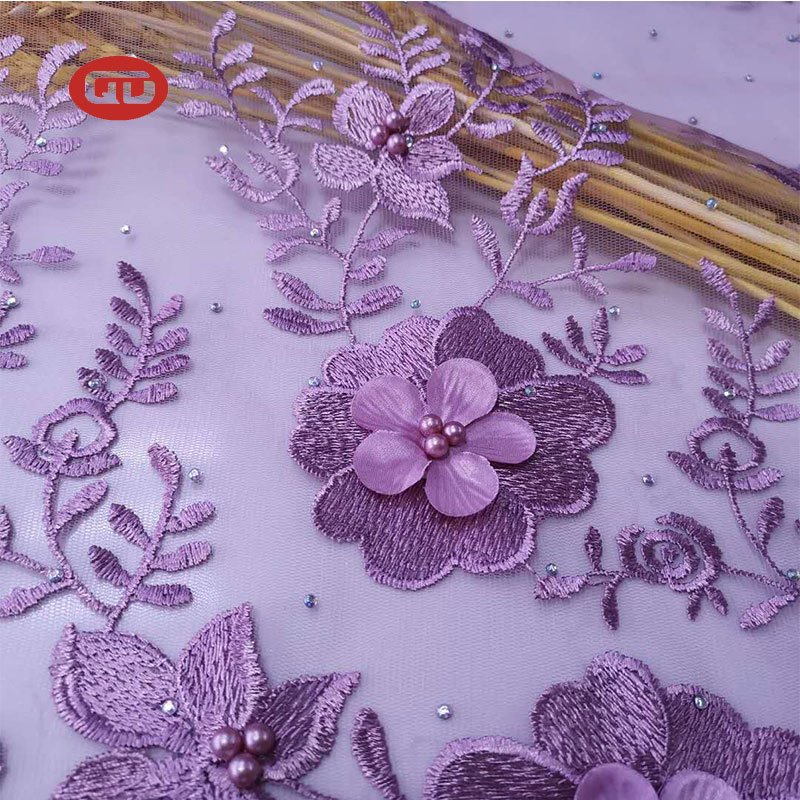Fancy violet Tulle Lace Embroidery Fabric with lulu for Women wedding dress