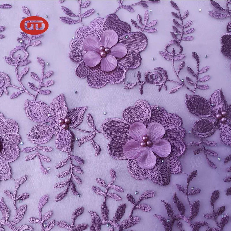 Fancy violet Tulle Lace Embroidery Fabric with lulu for Women wedding dress
