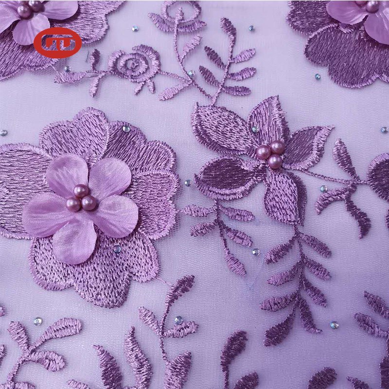 Fancy violet Tulle Lace Embroidery Fabric with lulu for Women wedding dress
