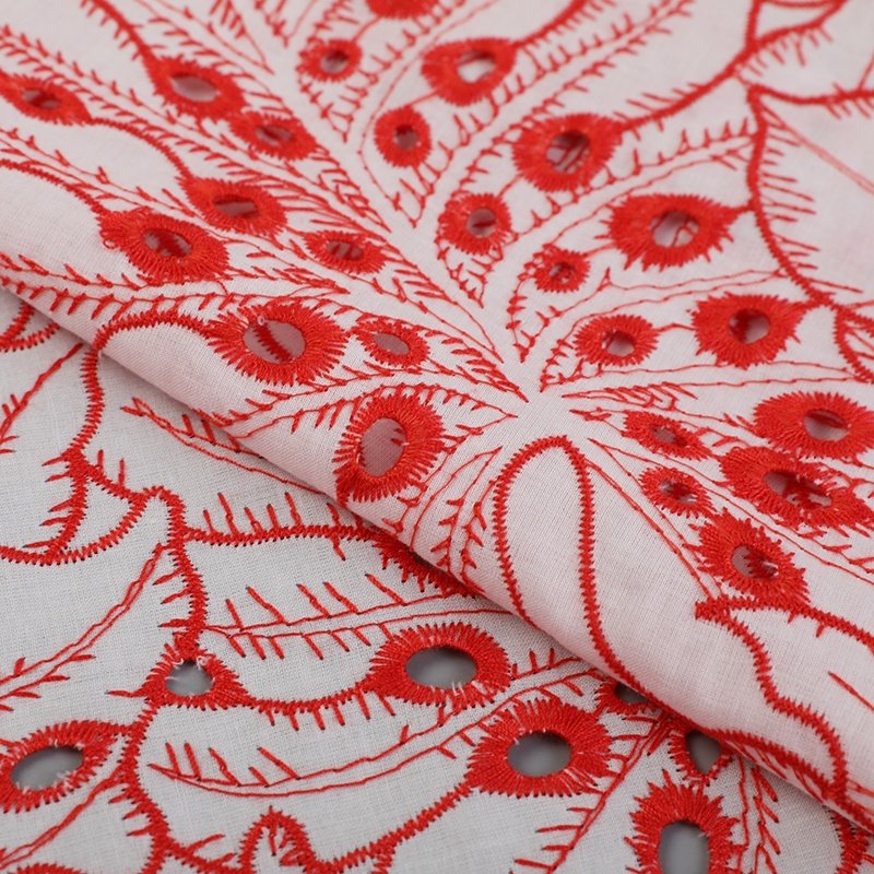 Wholesale New Product Single Border Embroidery Cloth Red 100% Cotton Eyelet English Embroidery Fabric for DIY dress