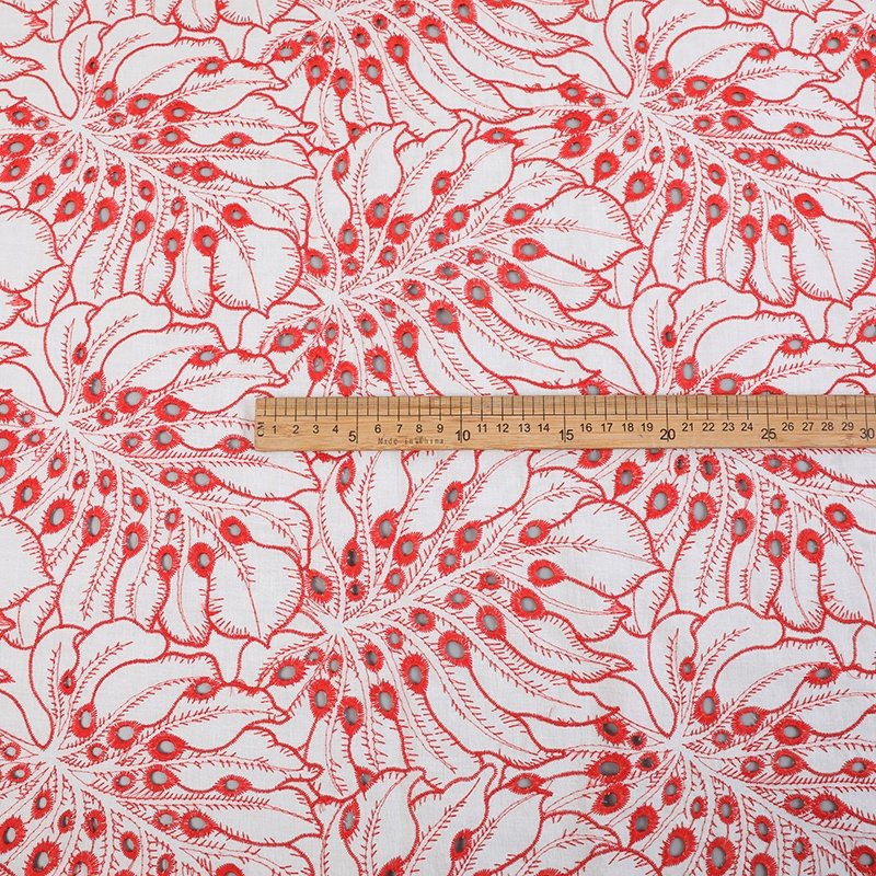 Wholesale New Product Single Border Embroidery Cloth Red 100% Cotton Eyelet English Embroidery Fabric for DIY dress