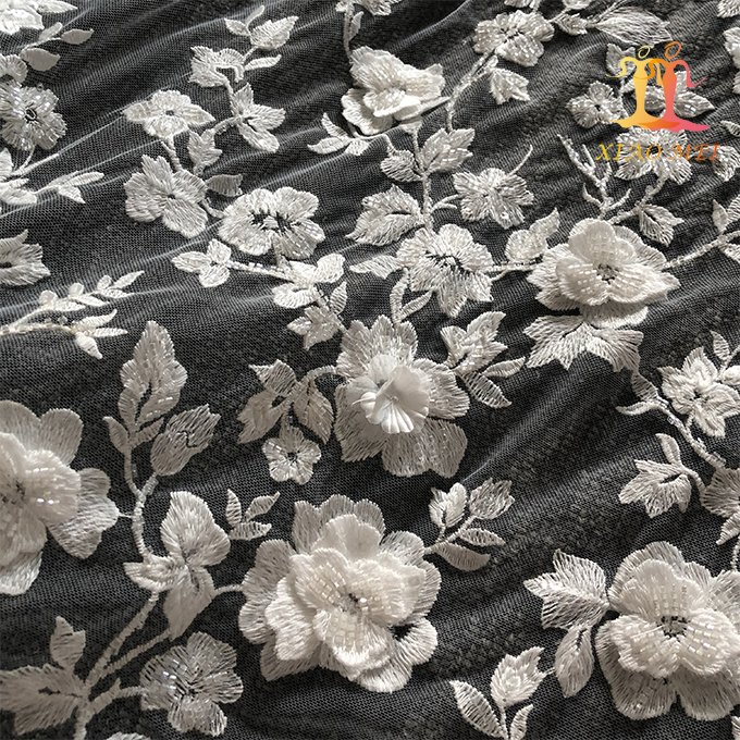 High-end 100% polyester 3D wedding fancy embroidery bridal beaded lace fabric XM-BF0705