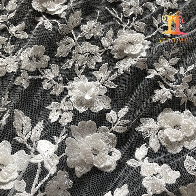 High-end 100% polyester 3D wedding fancy embroidery bridal beaded lace fabric XM-BF0705