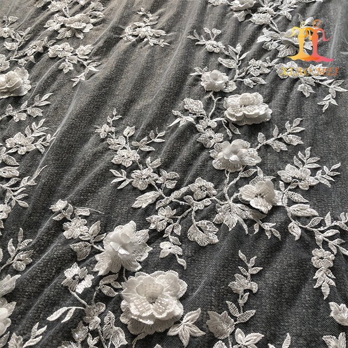 High-end 100% polyester 3D wedding fancy embroidery bridal beaded lace fabric XM-BF0705