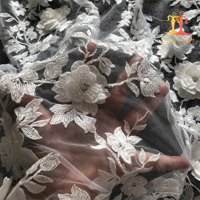 High-end 100% polyester 3D wedding fancy embroidery bridal beaded lace fabric XM-BF0705