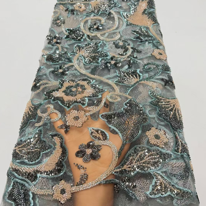 Width 125 cm Polyester sparkly flowers sequins Embroidery beads Mesh Nigerian Fabric heavy tulle Lace Fabric for wedding Dress