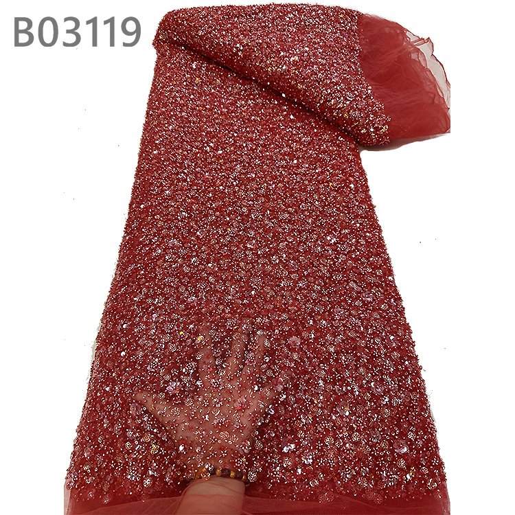 CHOCOO New products Tulle Embroidery Bridal Lace Fabric Red Embroidery Material Beads Sequins Luxury Lace Fabric