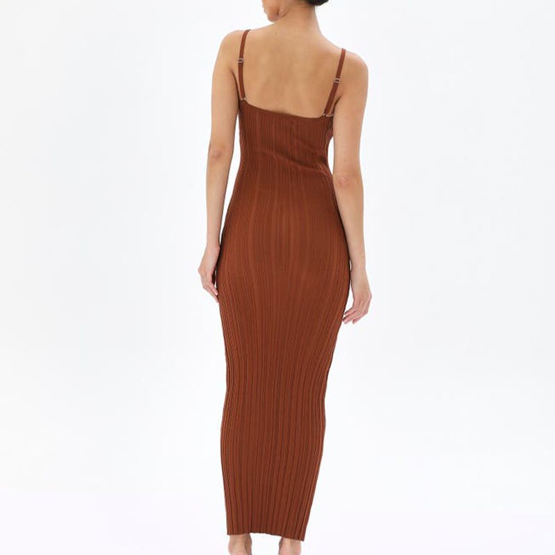 knitwear mufacturers Cut Out Ribbed Knit Maxi Dress in Brown sweater dress women clothing