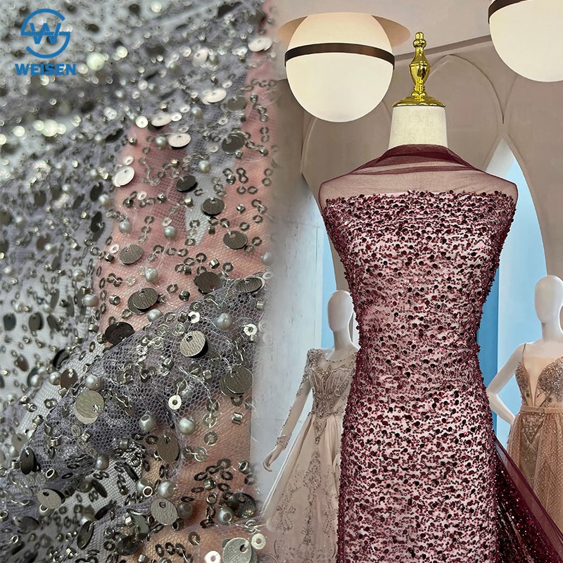 OEM Luxury 2024 African Wine Red Lace Fabric with Big Large Gold Sequin Fabric Dress African Lace Embroidery Fabric