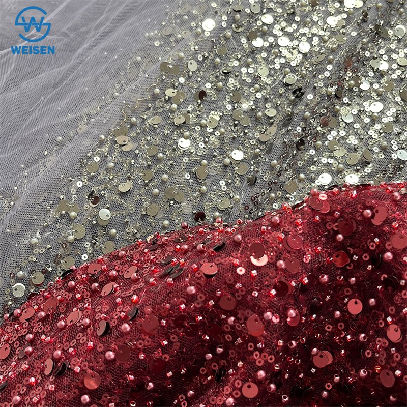 OEM Luxury 2024 African Wine Red Lace Fabric with Big Large Gold Sequin Fabric Dress African Lace Embroidery Fabric