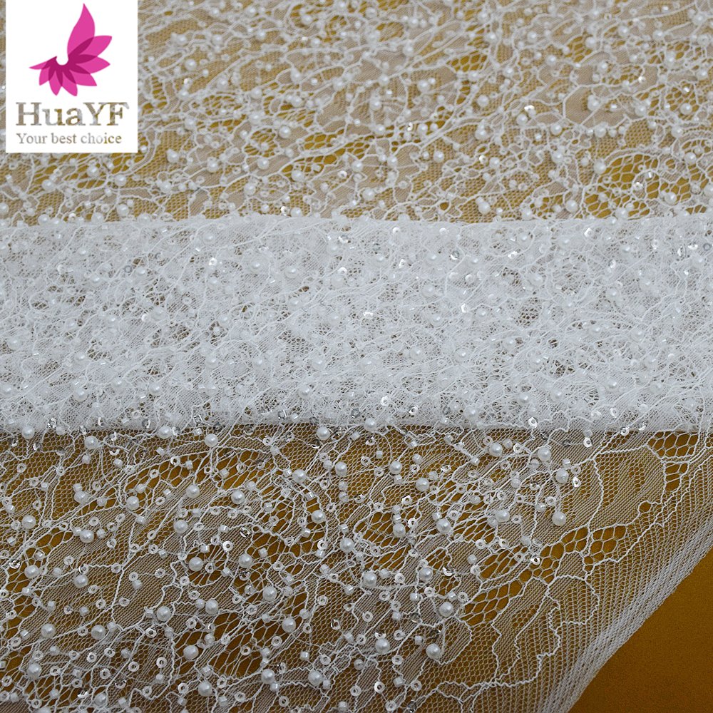 HY2860 New white chantilly lace with beads Nigerian bride simple bridal embroidery dress with pearls tulle fabric wholesale