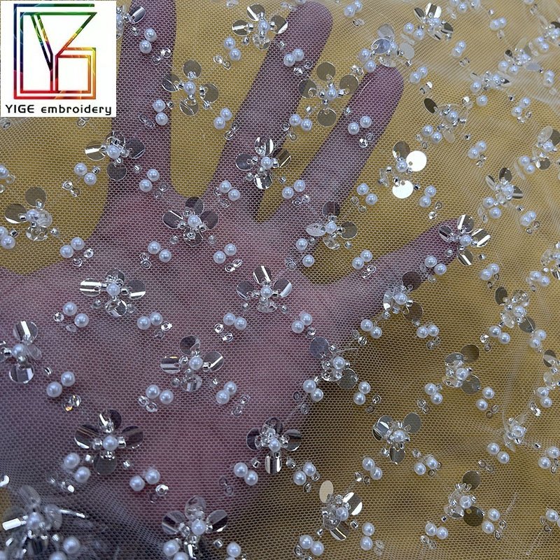 2023 Fashion Design white Handmade Beaded Lace Tulle sequin Mesh Embroidery Fabrics for Bridal Dress