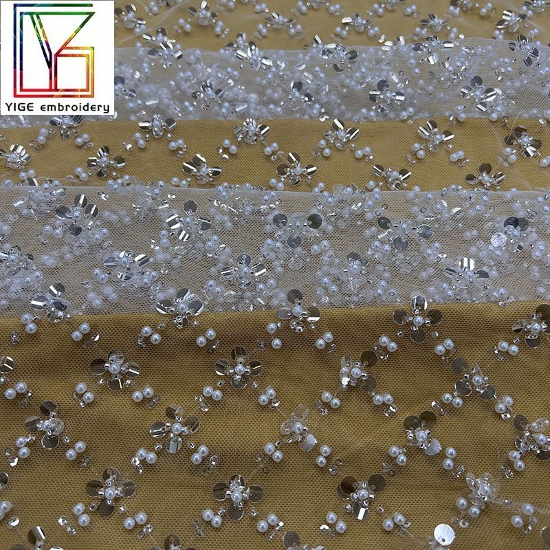 2023 Fashion Design white Handmade Beaded Lace Tulle sequin Mesh Embroidery Fabrics for Bridal Dress