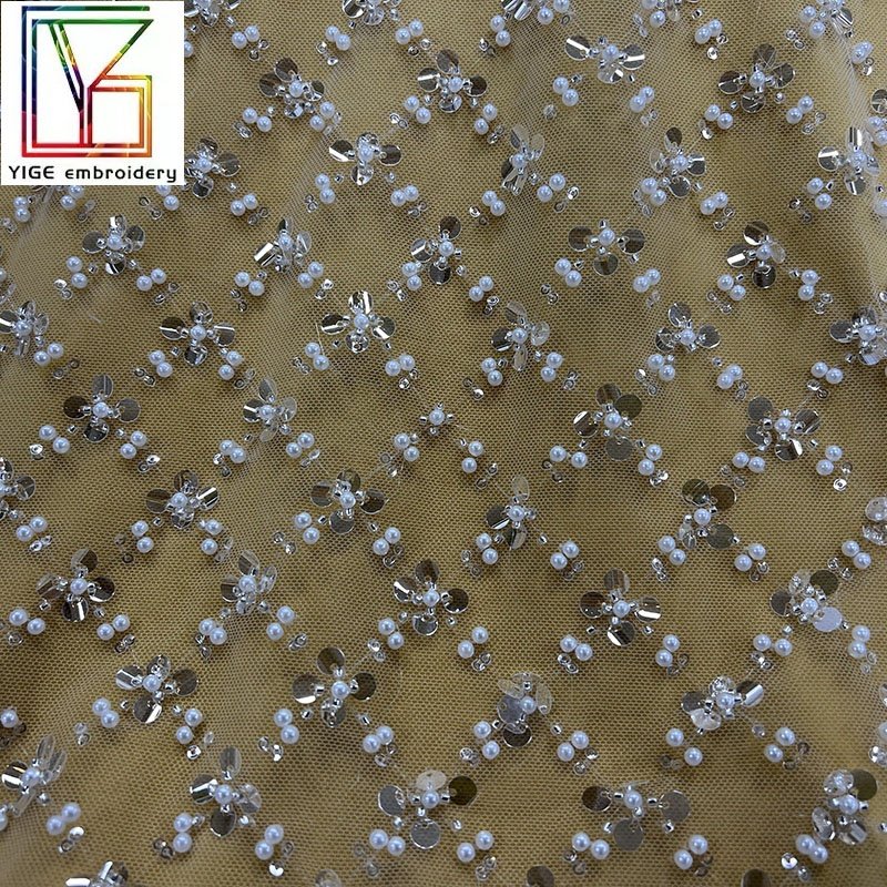 2023 Fashion Design white Handmade Beaded Lace Tulle sequin Mesh Embroidery Fabrics for Bridal Dress