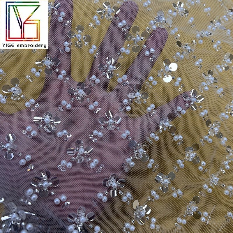 2023 Fashion Design white Handmade Beaded Lace Tulle sequin Mesh Embroidery Fabrics for Bridal Dress