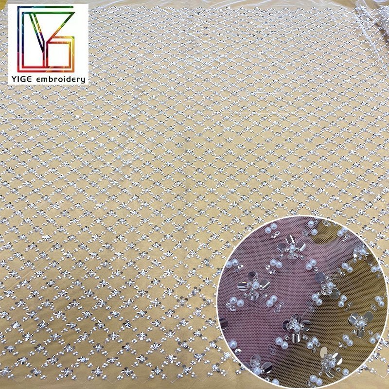 2023 Fashion Design white Handmade Beaded Lace Tulle sequin Mesh Embroidery Fabrics for Bridal Dress