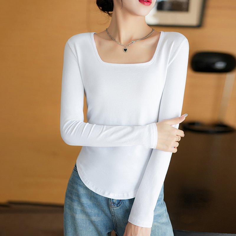 Custom logo women's t-shirts 2024 autumn square collar 95%cotton 5%spandex long sleeve casual tees for women