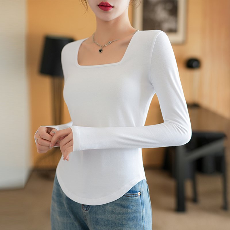 Custom logo women's t-shirts 2024 autumn square collar 95%cotton 5%spandex long sleeve casual tees for women