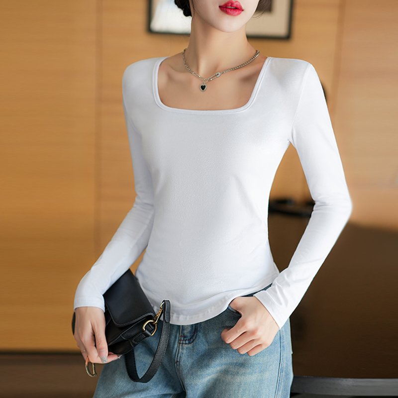 Custom logo women's t-shirts 2024 autumn square collar 95%cotton 5%spandex long sleeve casual tees for women