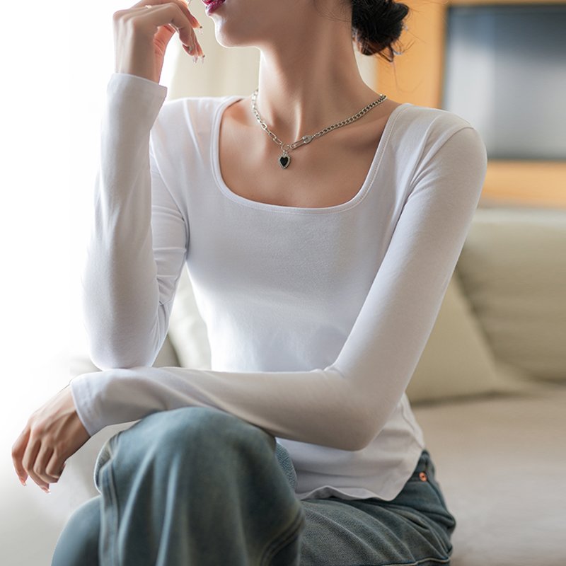 Custom logo women's t-shirts 2024 autumn square collar 95%cotton 5%spandex long sleeve casual tees for women