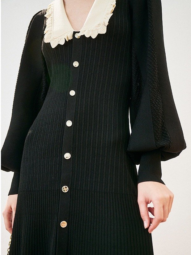 Autumn Elegant Ruffled Collar Long Sleeve Lantern Sleeve Button Down Rib Knit Maxi Dress