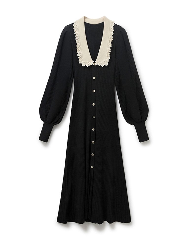 Autumn Elegant Ruffled Collar Long Sleeve Lantern Sleeve Button Down Rib Knit Maxi Dress