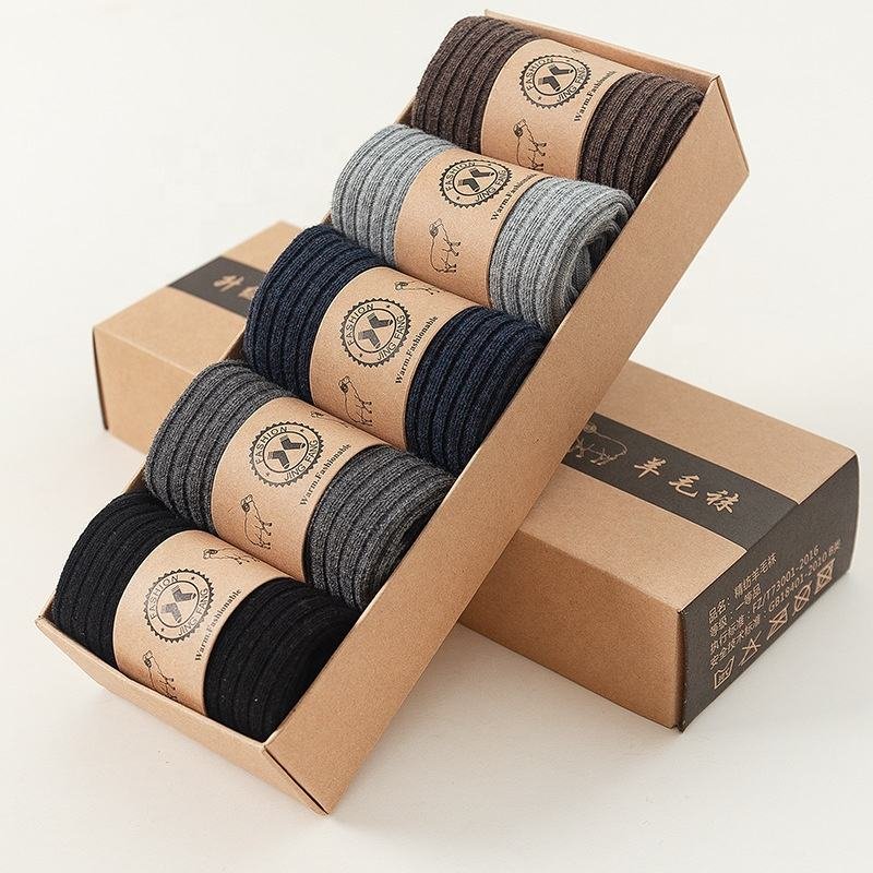 Wholesale 5 Pairs Winter Plain Cozy Ribbed Socks Men Women High Quality Merino Wool Crew Socks Set Box