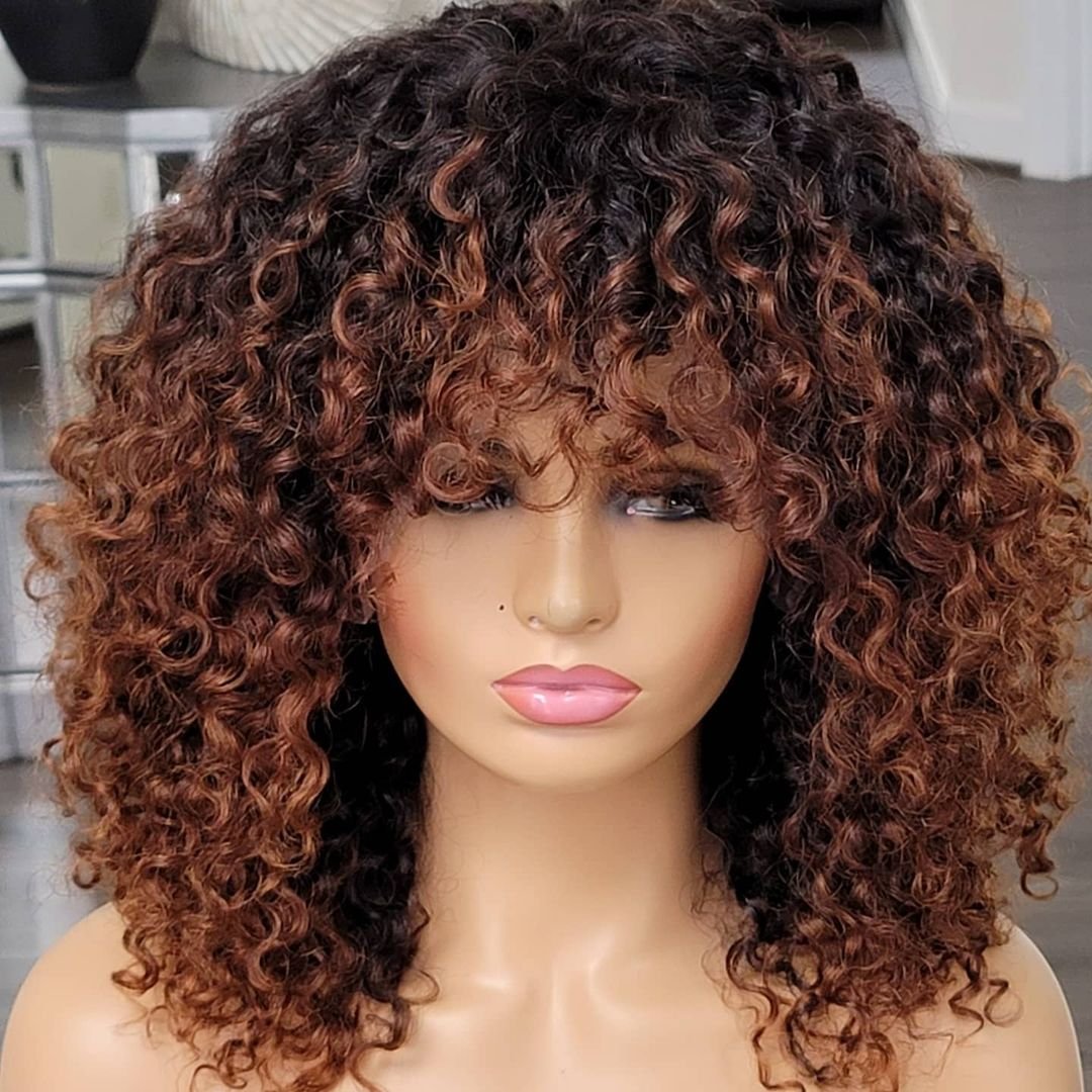Ombre #1B/Brown Lace Front Wigs with Bangs 13X4 Lace Front Human Hair Wigs for Women Kinky Curly Wigs Human Hair