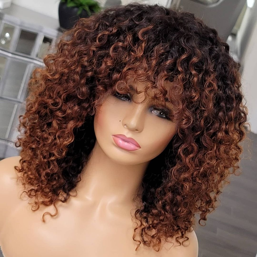 Ombre #1B/Brown Lace Front Wigs with Bangs 13X4 Lace Front Human Hair Wigs for Women Kinky Curly Wigs Human Hair