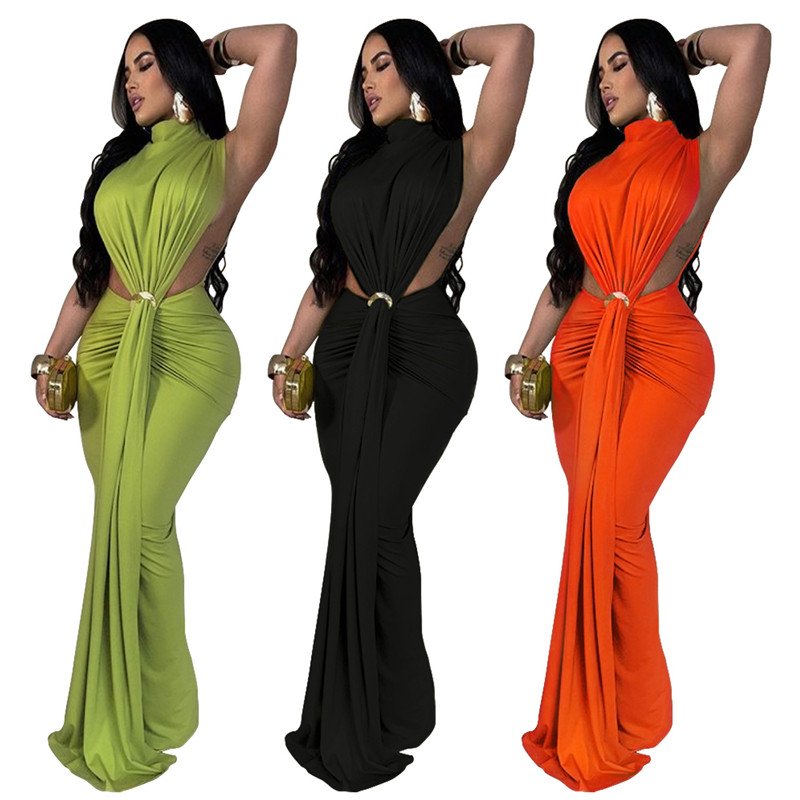 2024 New Dress Solid Color Sexy Side Slit Sleeveless Fashion Evening Casual Dress