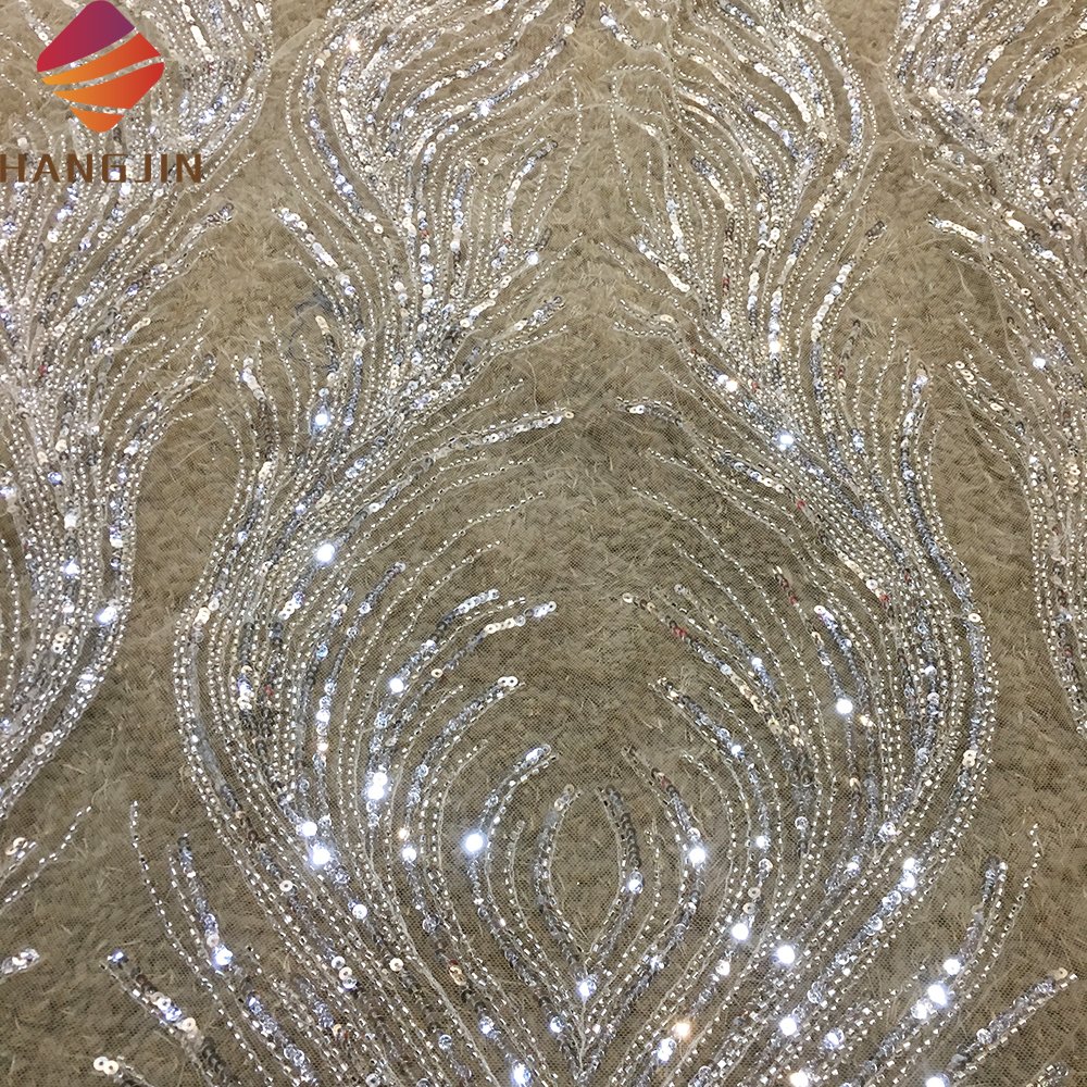 Luxury Glitter Silver Beaded Sequins Embroidery Wedding Party Dress Champagne Tulle Lace Fabric