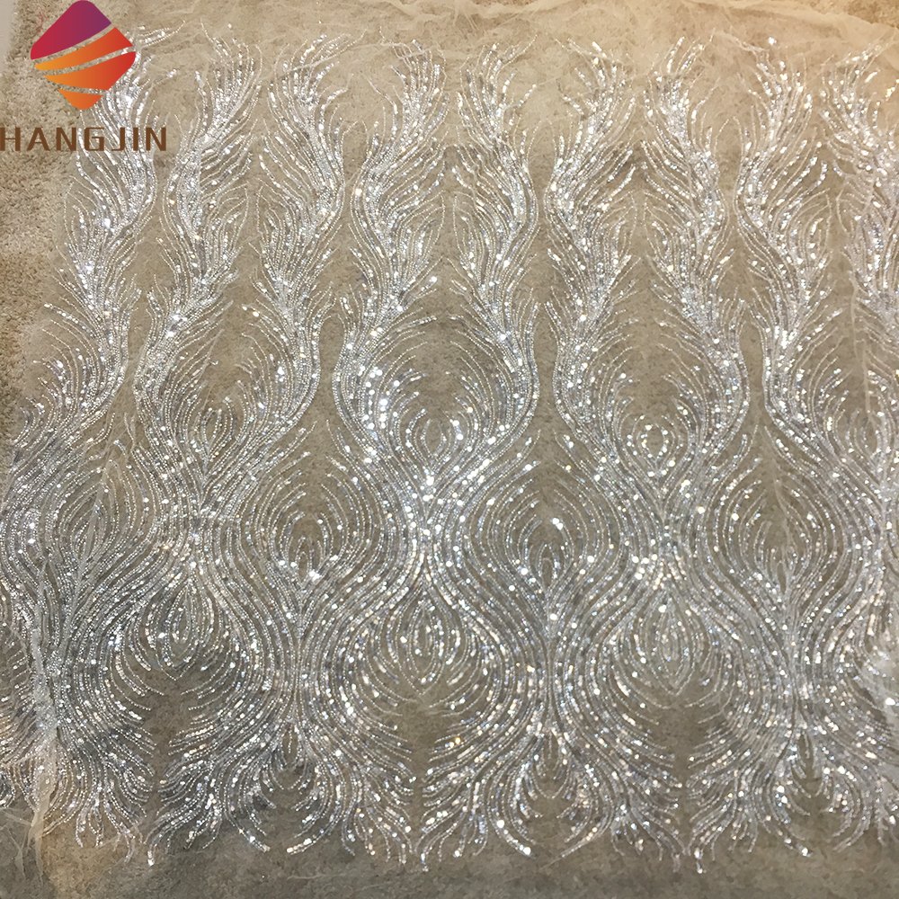 Luxury Glitter Silver Beaded Sequins Embroidery Wedding Party Dress Champagne Tulle Lace Fabric