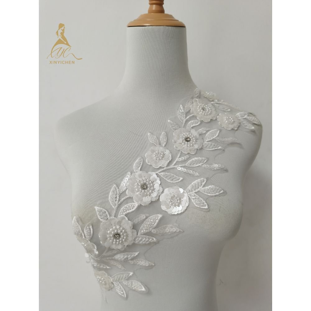 Pearl sequin leaf embroidery gold champagne color lace trim embroidery for dress