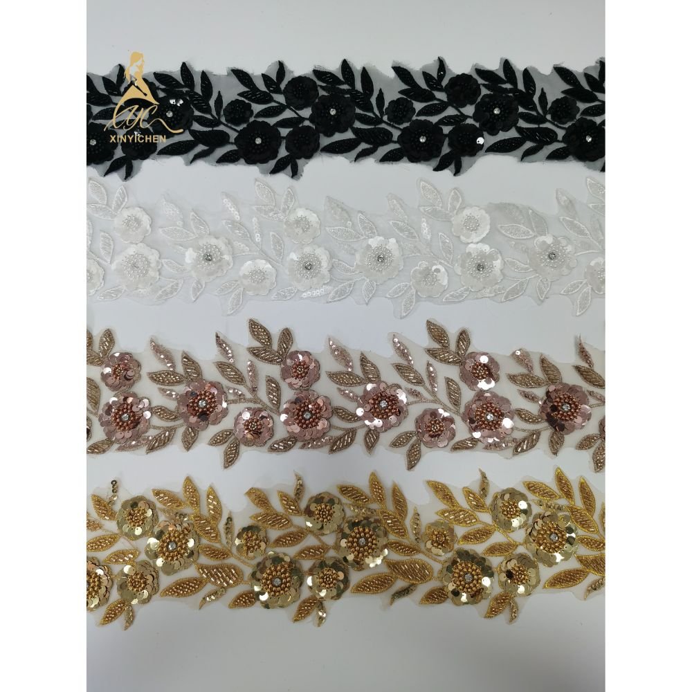 Pearl sequin leaf embroidery gold champagne color lace trim embroidery for dress
