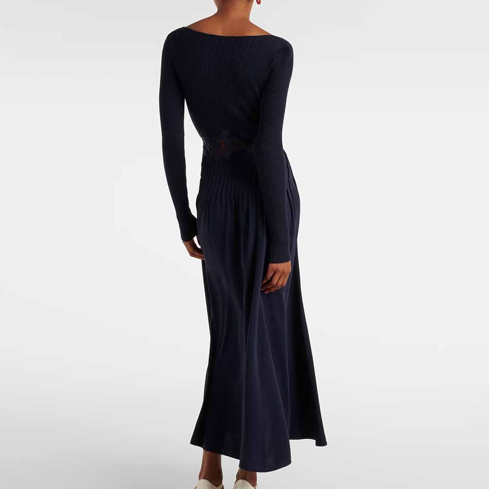 Knitwear Manufacturer Custom Spring Summer Autumn Winter Elegant V Neck Long Sleeve Satin Lace Prior Silk Maxi Dress