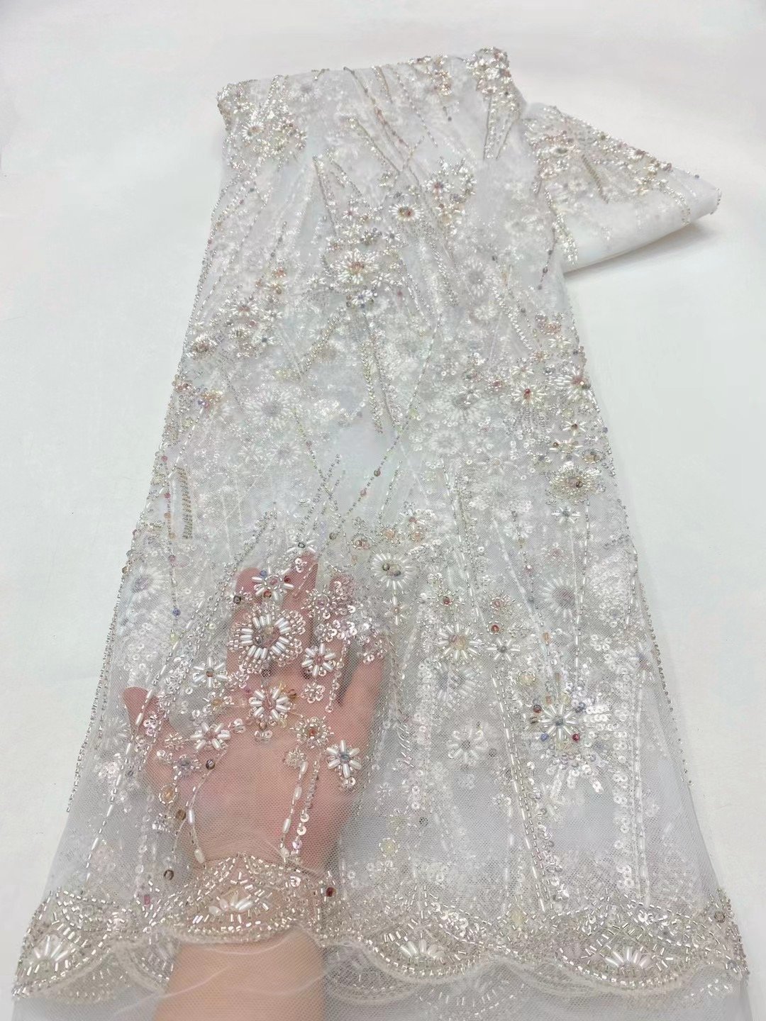 NI.AI Luxury Evening Dress Fabric Royal Blue Color Elegant Noble Beaded Lace Sequins Fabric for Women Dress