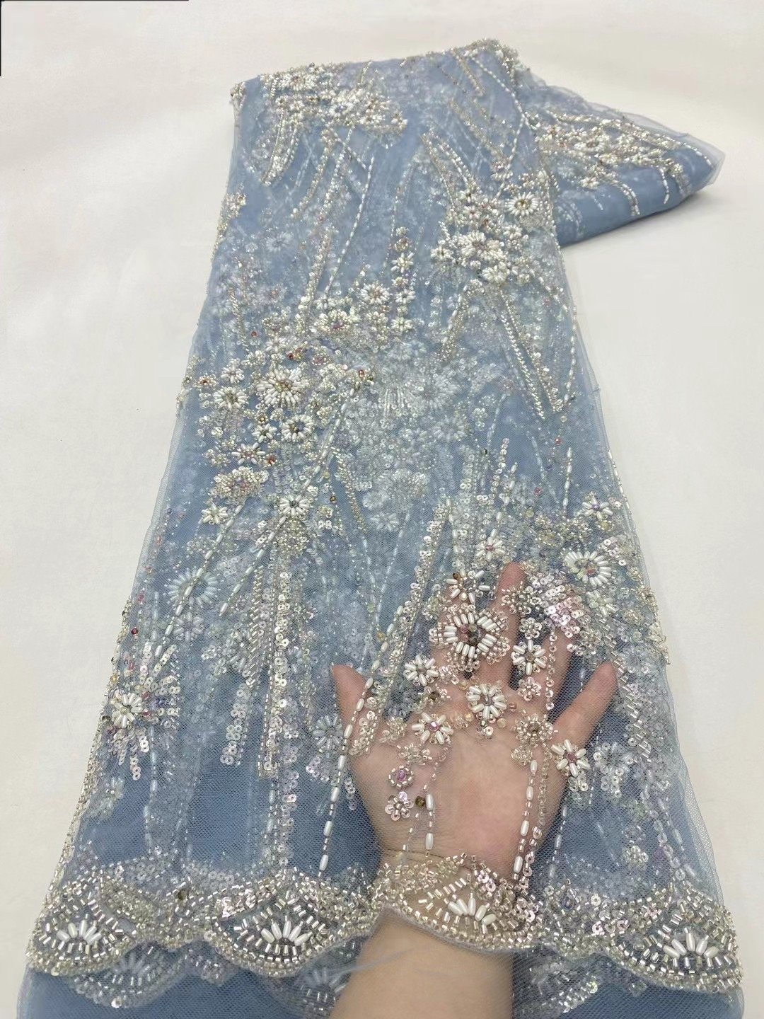 NI.AI Luxury Evening Dress Fabric Royal Blue Color Elegant Noble Beaded Lace Sequins Fabric for Women Dress