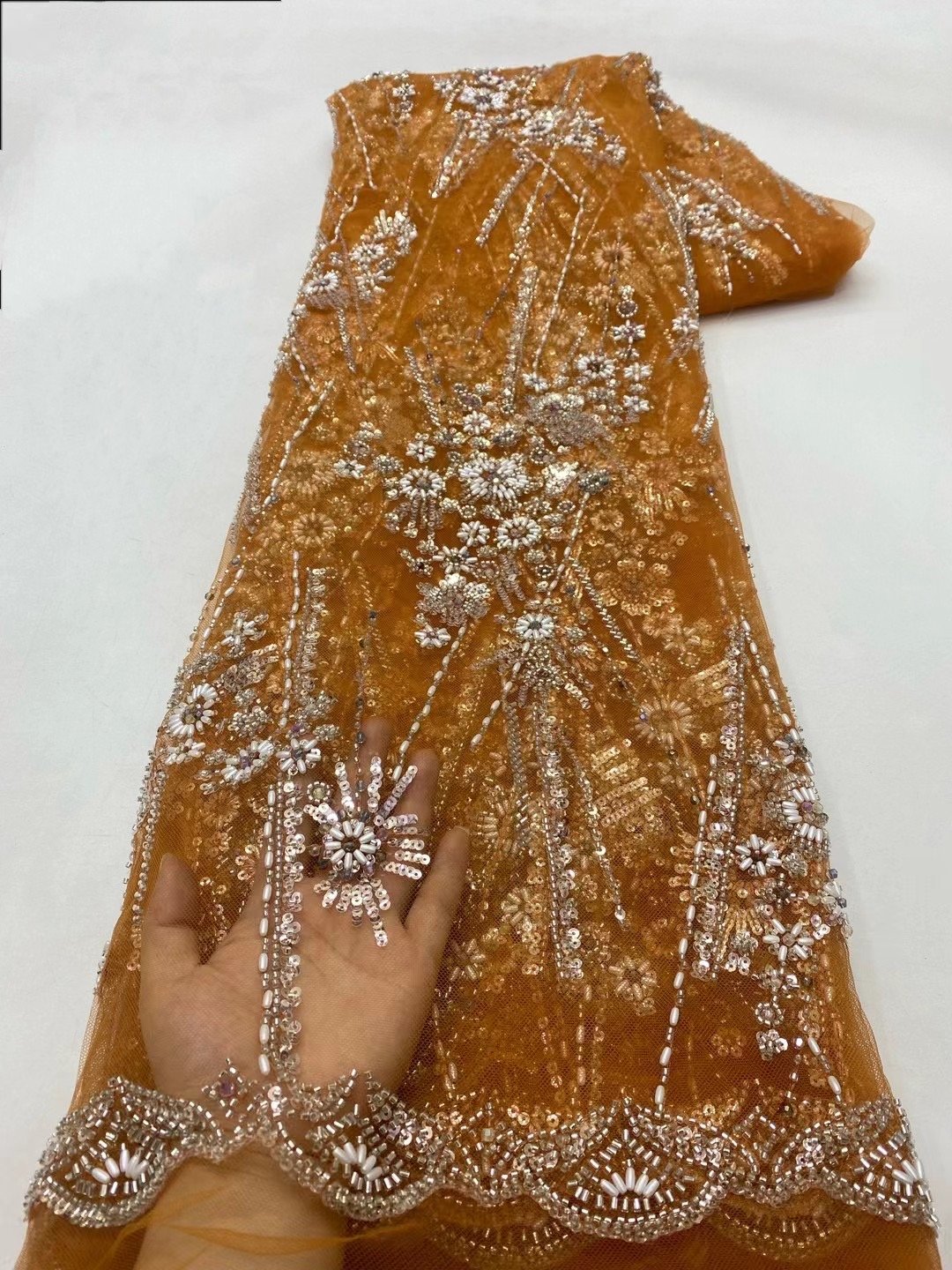 NI.AI Luxury Evening Dress Fabric Royal Blue Color Elegant Noble Beaded Lace Sequins Fabric for Women Dress