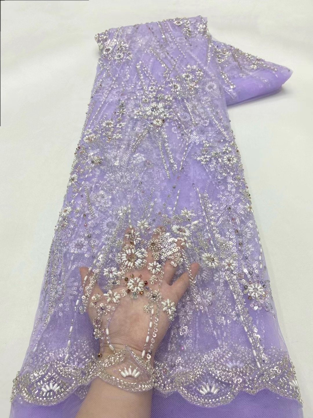 NI.AI Luxury Evening Dress Fabric Royal Blue Color Elegant Noble Beaded Lace Sequins Fabric for Women Dress