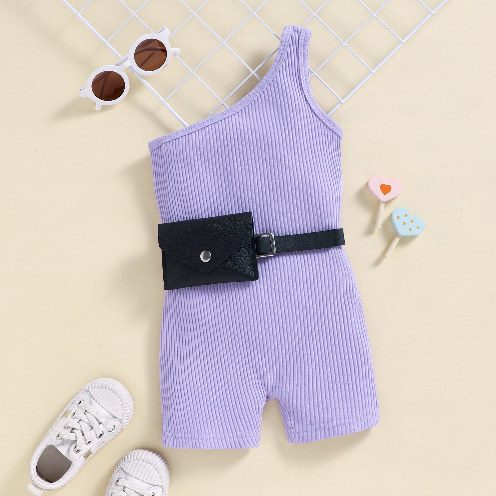 Hot sale new toddler girls jumpsuit girl solid sleeveless one shoulder knitting rib romper shorts with black waist bag