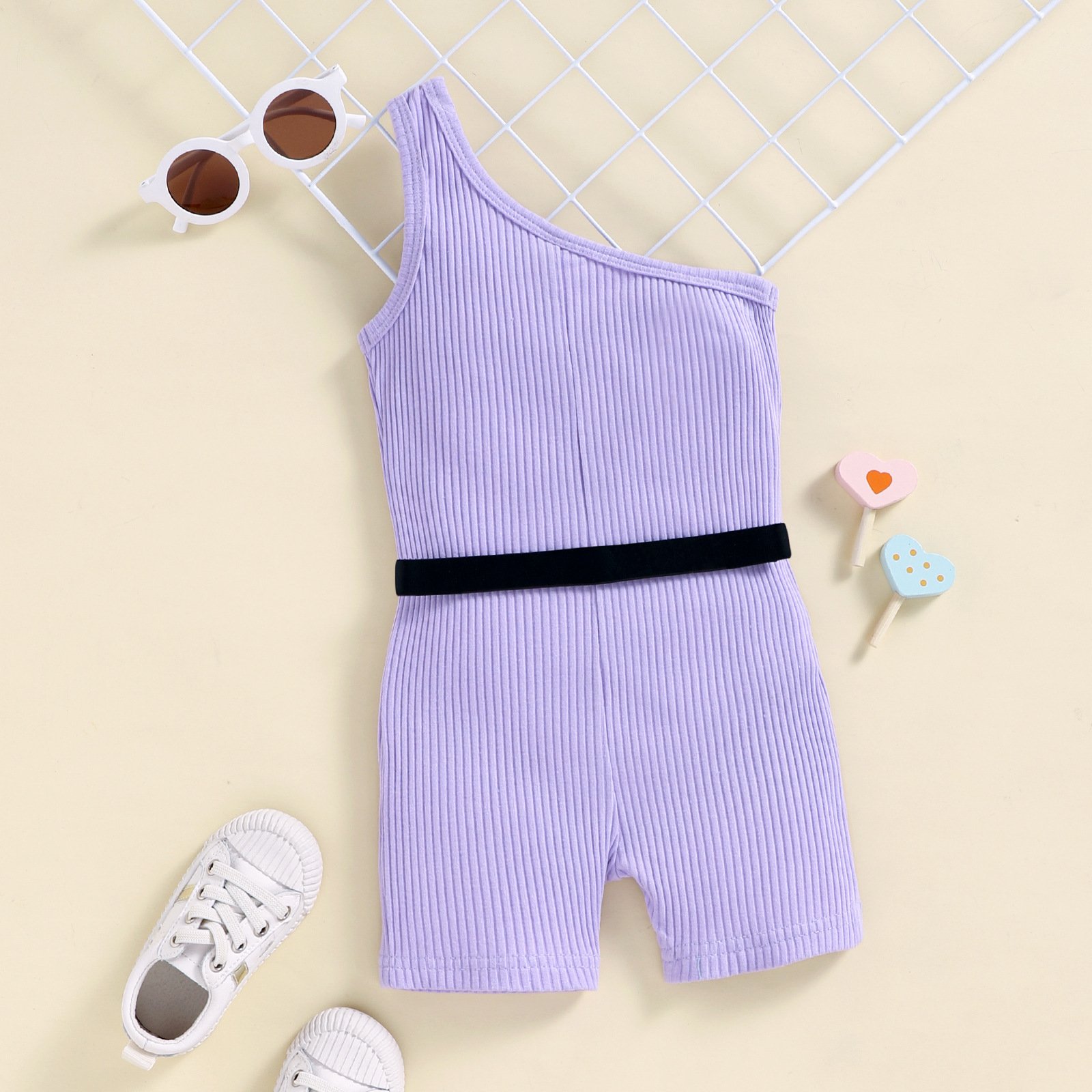 Hot sale new toddler girls jumpsuit girl solid sleeveless one shoulder knitting rib romper shorts with black waist bag