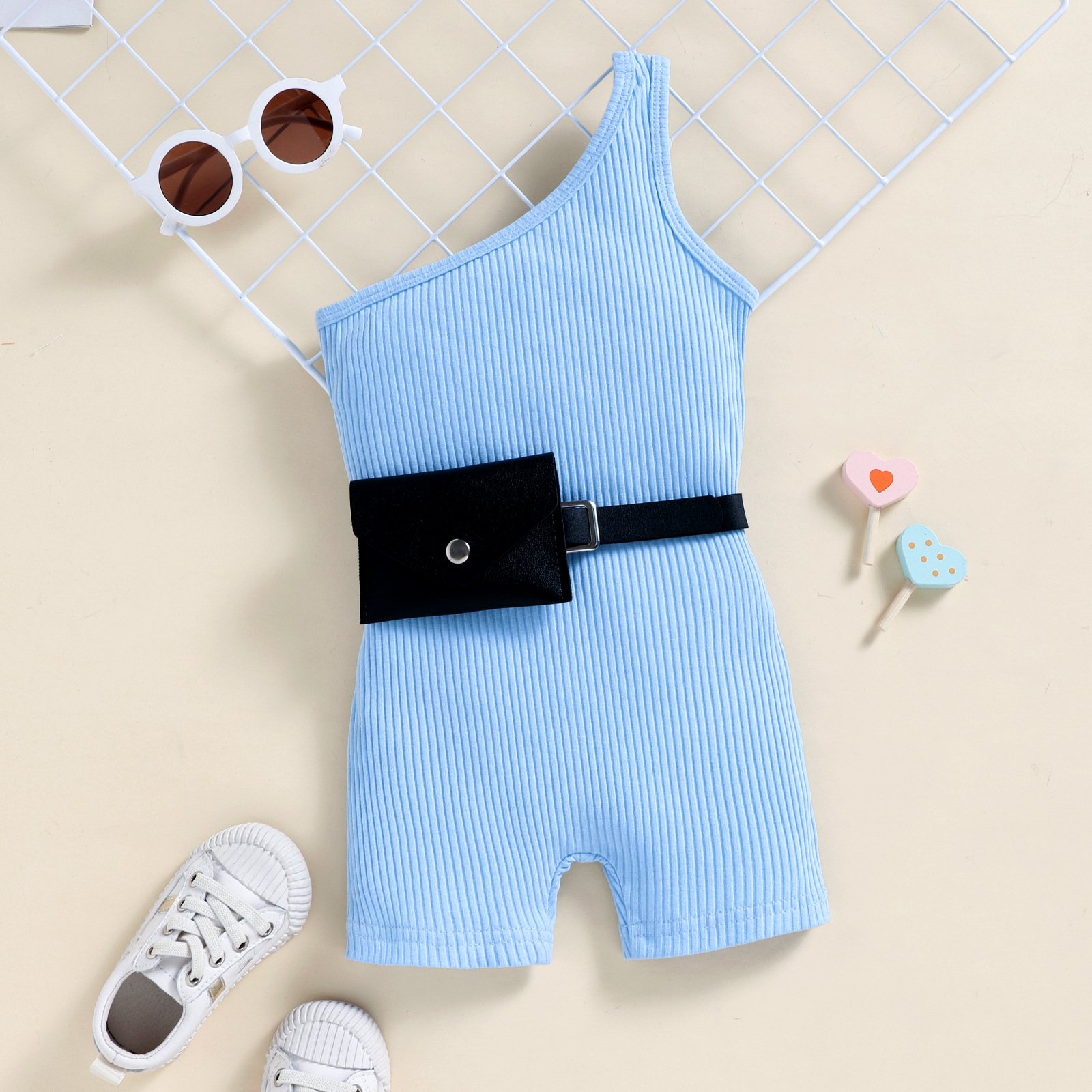 Hot sale new toddler girls jumpsuit girl solid sleeveless one shoulder knitting rib romper shorts with black waist bag