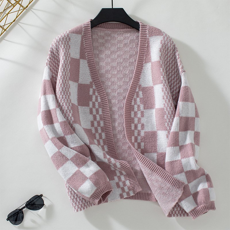 Wholesale winter checkered pattern sweater dropshoulder lantern sleeve top loose ribbed plaid knitted sweaters cardigan women
