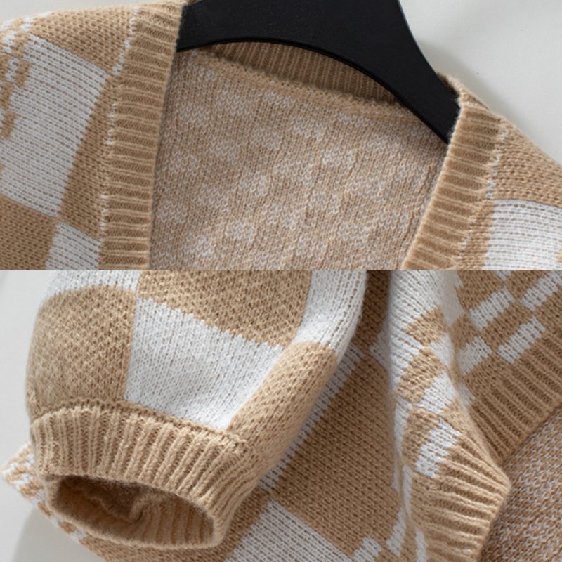 Wholesale winter checkered pattern sweater dropshoulder lantern sleeve top loose ribbed plaid knitted sweaters cardigan women