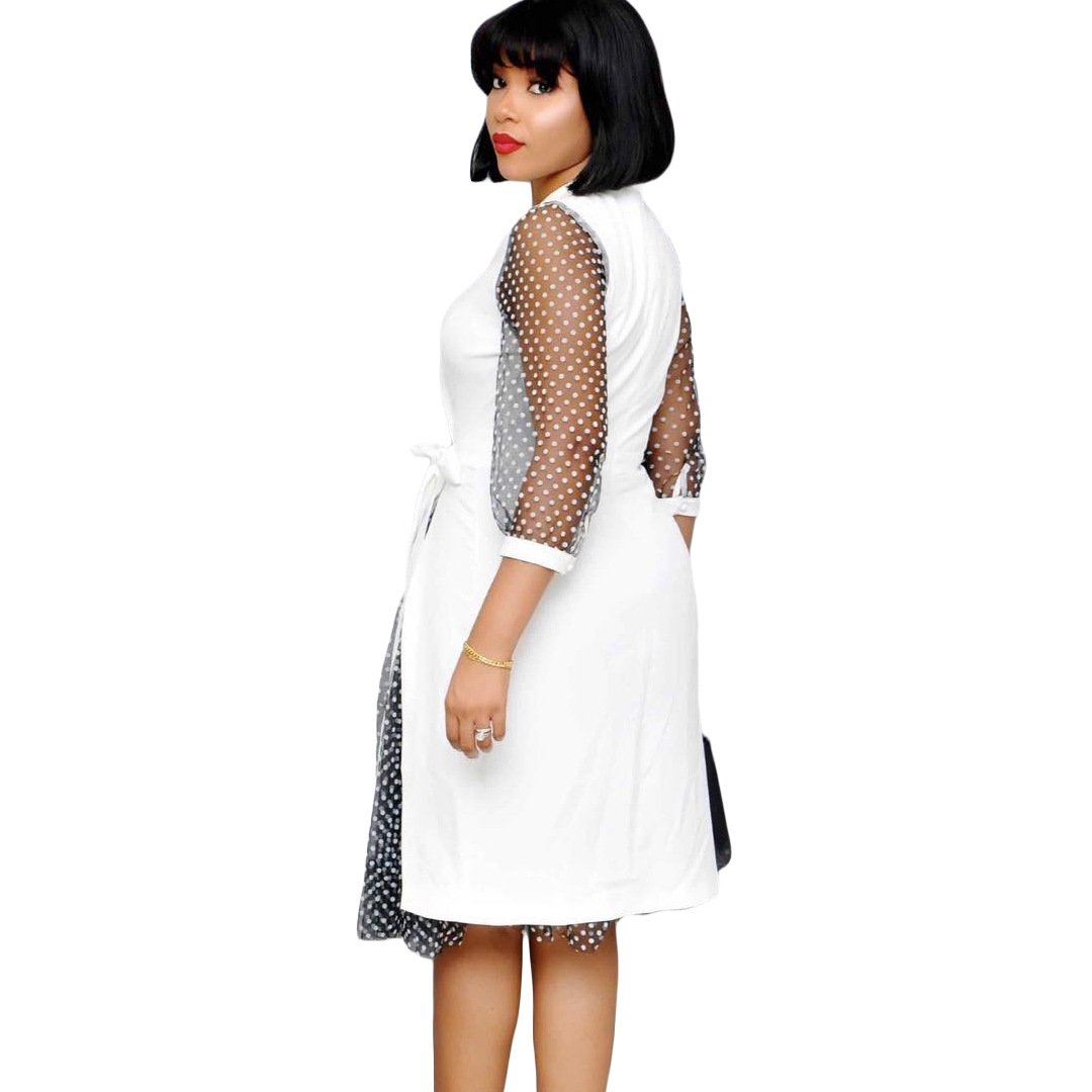 Office Lady Spring Fall Dresses Plus Size Slit Lace Patchwork Belt Bandage Dress Polka Dot A-Line Elegant Dress