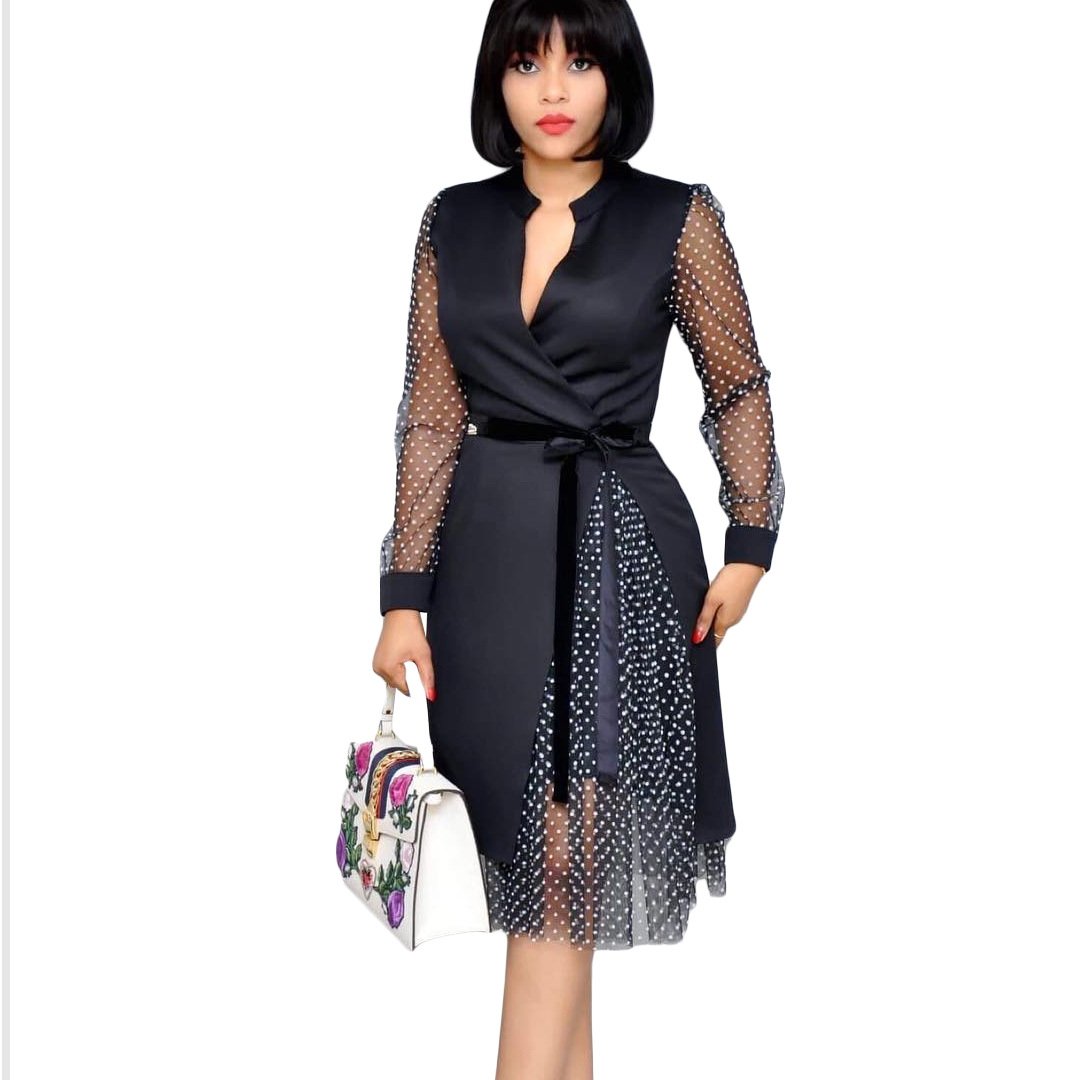 Office Lady Spring Fall Dresses Plus Size Slit Lace Patchwork Belt Bandage Dress Polka Dot A-Line Elegant Dress