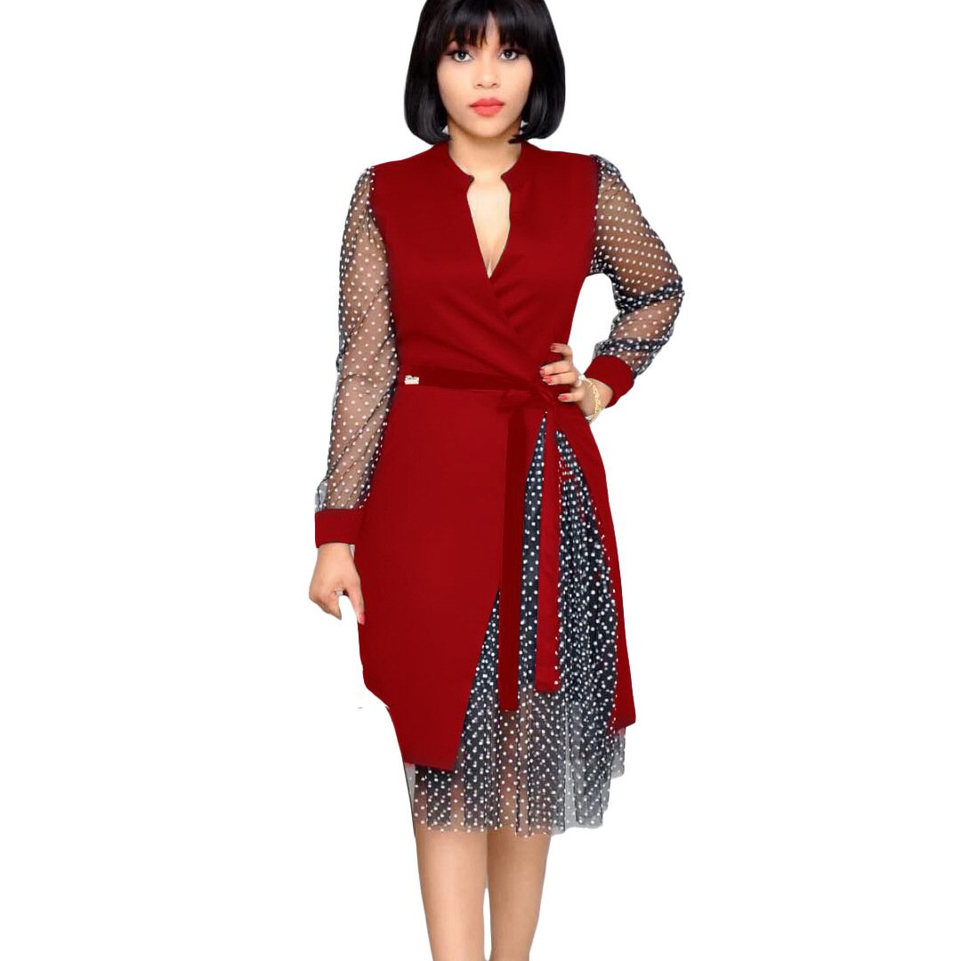 Office Lady Spring Fall Dresses Plus Size Slit Lace Patchwork Belt Bandage Dress Polka Dot A-Line Elegant Dress