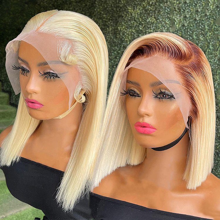 Cheap blonde short front human hair wigs for black women virgin hair transparent lace-wig-vendors 613 bob wig human hair